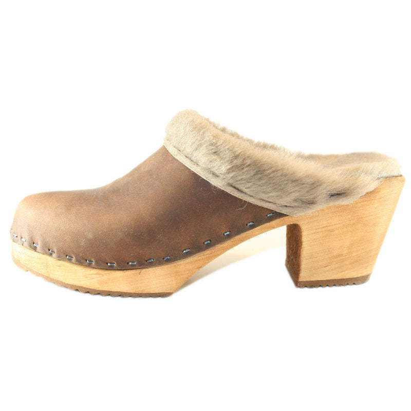 High Heel Clogs in Brown with Taupe Shearling