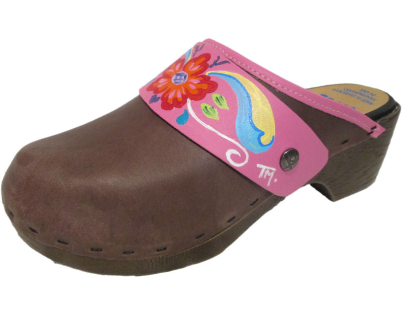 Flex Hand Painted Tessa Clog in Brown Oil with Hot Pink Petra Strap 