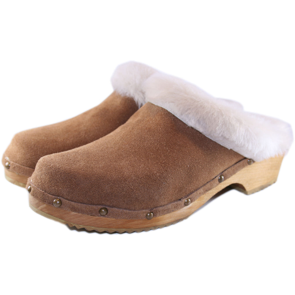 Traditional Heel Saddle Tan Buffalo Suede Beige Shearling lined clogs with Decorative Nails