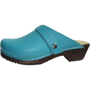 teal color leather clog with wooden sole, made in Minturn, Colorado