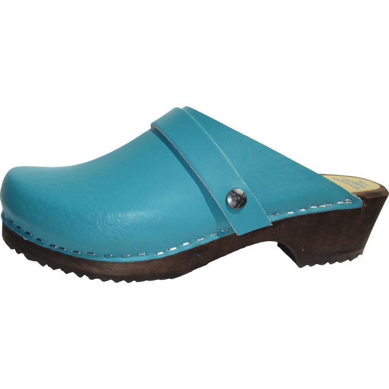 teal color leather clog with wooden sole, made in Minturn, Colorado