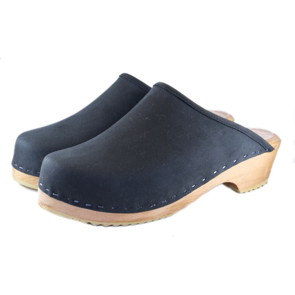 Black leather traditional heel clog