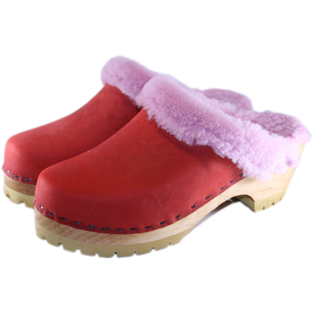 Deep Red  Mountain Clog with Pink Shearling