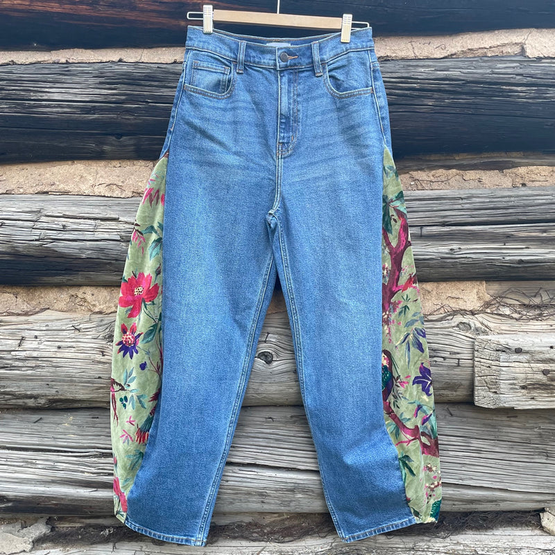 Barrel jeans front with tropical sage green velvet inserts.