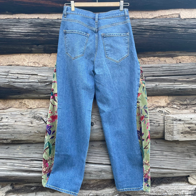 Back of barrel jeans with sage green tropics velvet.