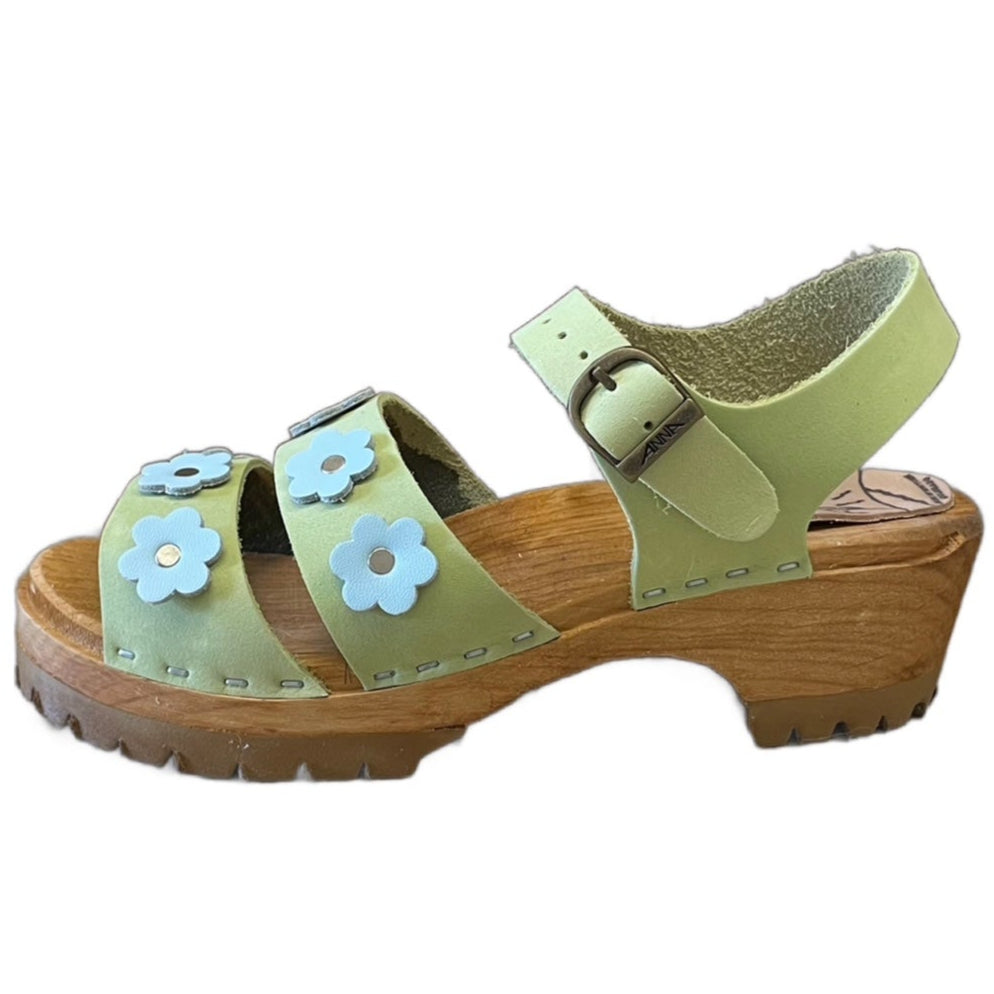 Pistachio/ Light Blue Emma Flower Sandal on our mountain sole