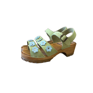 Pistachio/ Light Blue Emma Flower Sandal on our mountain sole