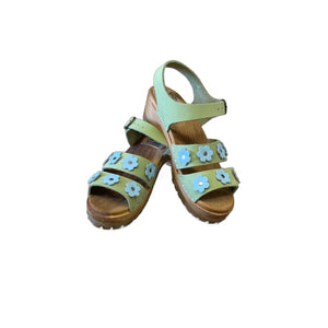 Pistachio/ Light Blue Emma Flower Sandal on our mountain sole