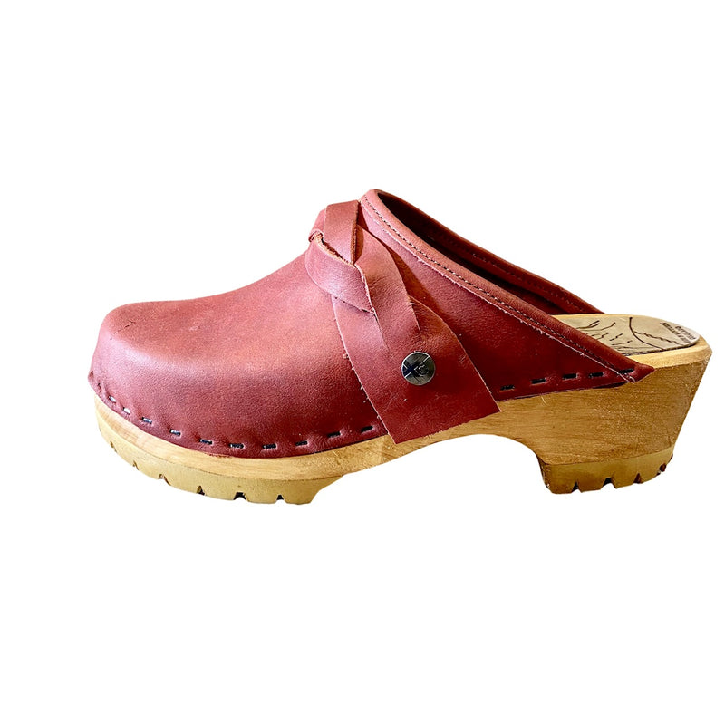 Antique Ruby Leather Mountain Sole Clog with wide braided snap strap