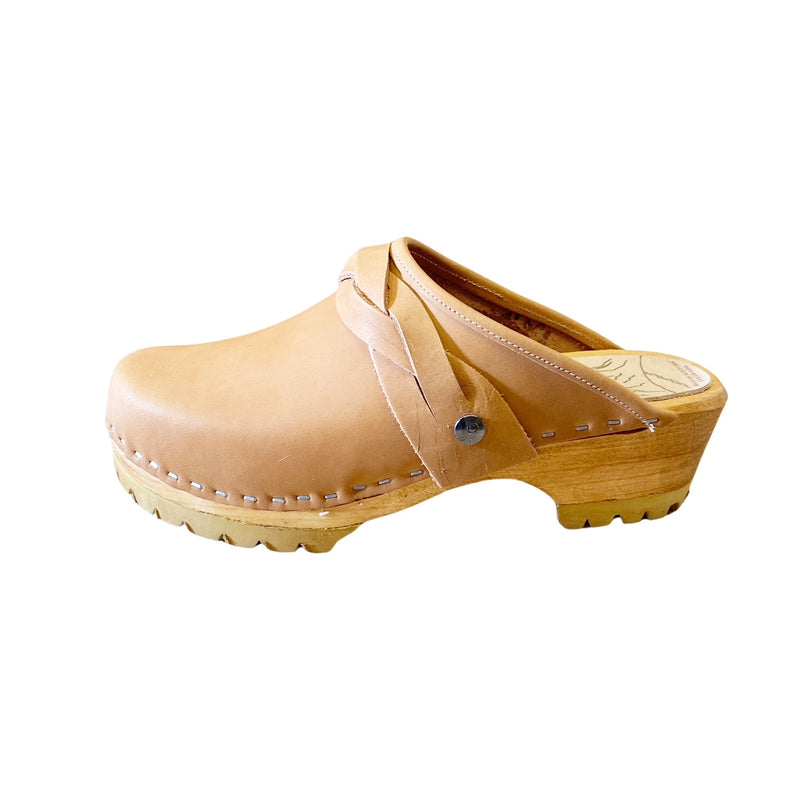 Biscuit Leather Mountain Sole Clog with wide braided snap strap