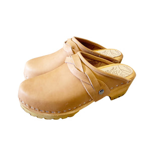 Biscuit Leather Mountain Sole Clog with wide braided snap strap