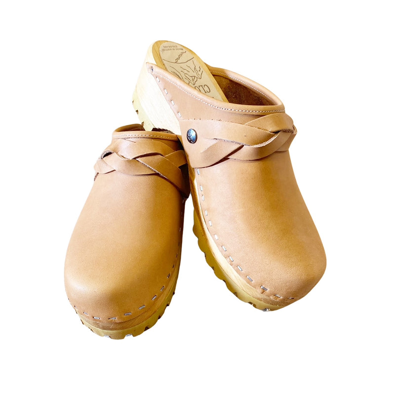 Biscuit Leather Mountain Sole Clog with wide braided snap strap