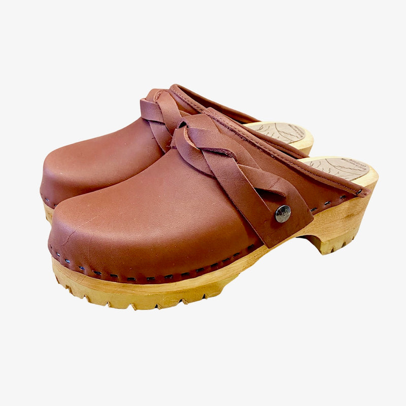 Burnt Henna Leather Mountain Sole Clogs with wide braided strap