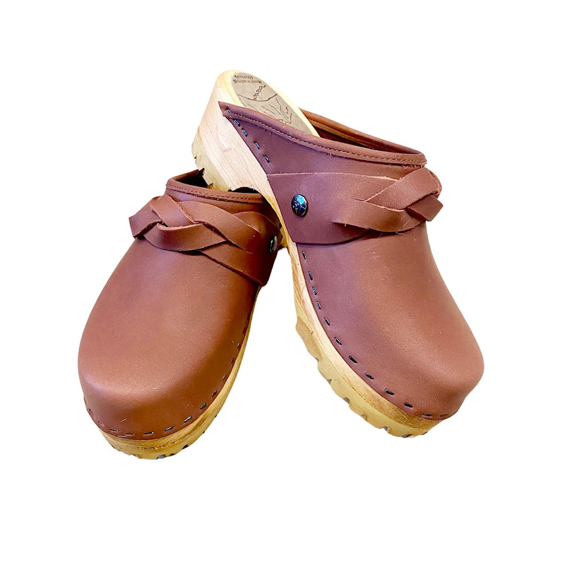 Burnt Henna Leather Mountain Sole Clogs with wide braided strap