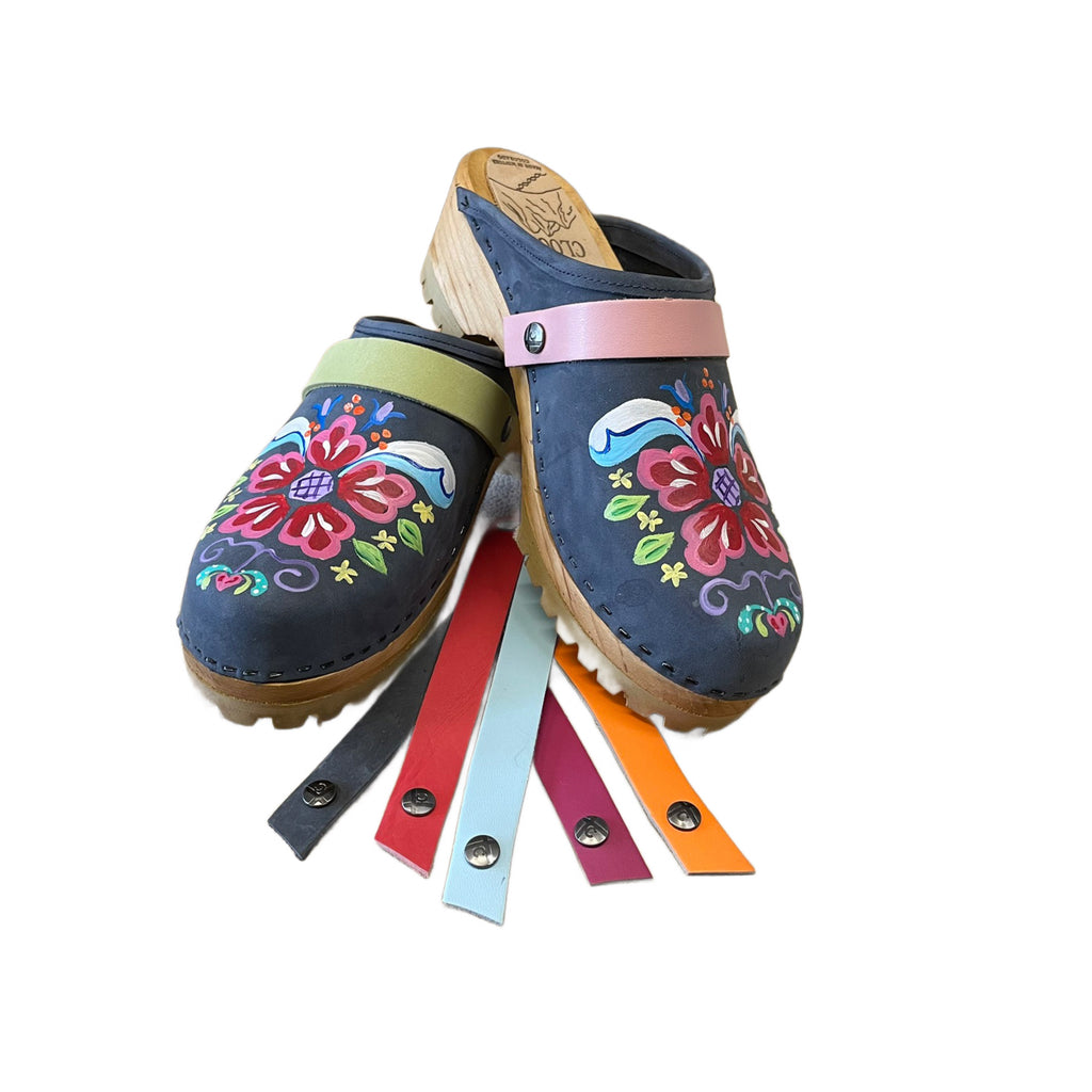 Handpainted Denim Petra Mountain Clogs with Snap Straps