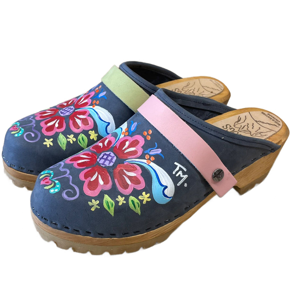 Handpainted Denim Petra Mountain Clogs with Snap Straps