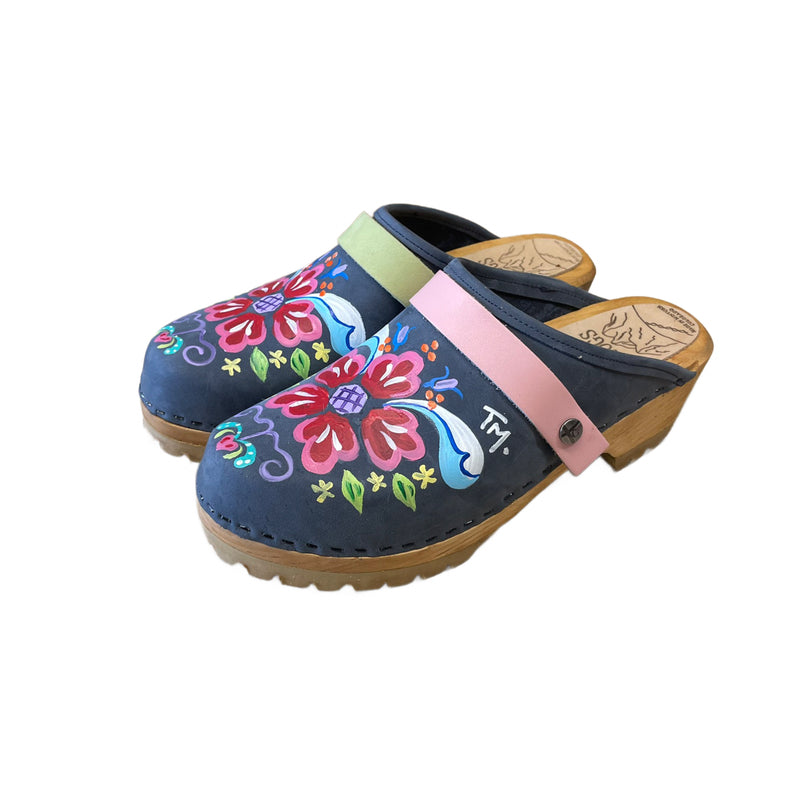 Handpainted Denim Petra Mountain Clogs with Snap Straps
