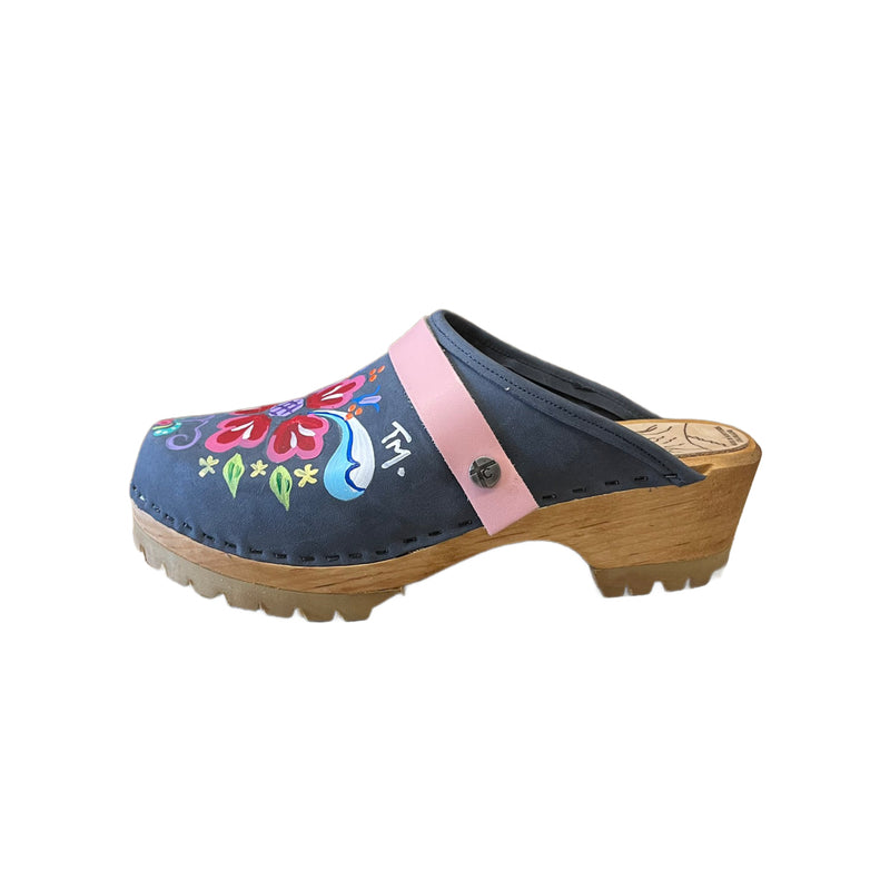 Handpainted Denim Petra Mountain Clogs with Light Pink Snap Straps