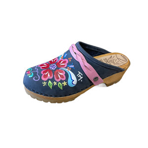 Hand painted Denim Petra Mountain Clogs with Light Pink Braided Snap Straps