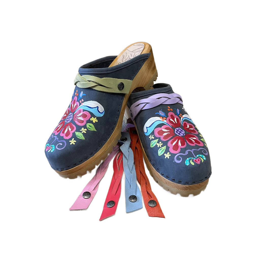Handpainted Denim Petra Mountain Clogs with Braided Snap Straps