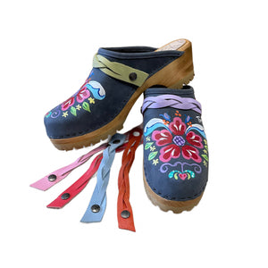 Handpainted Denim Petra Mountain Clogs with Braided Snap Straps