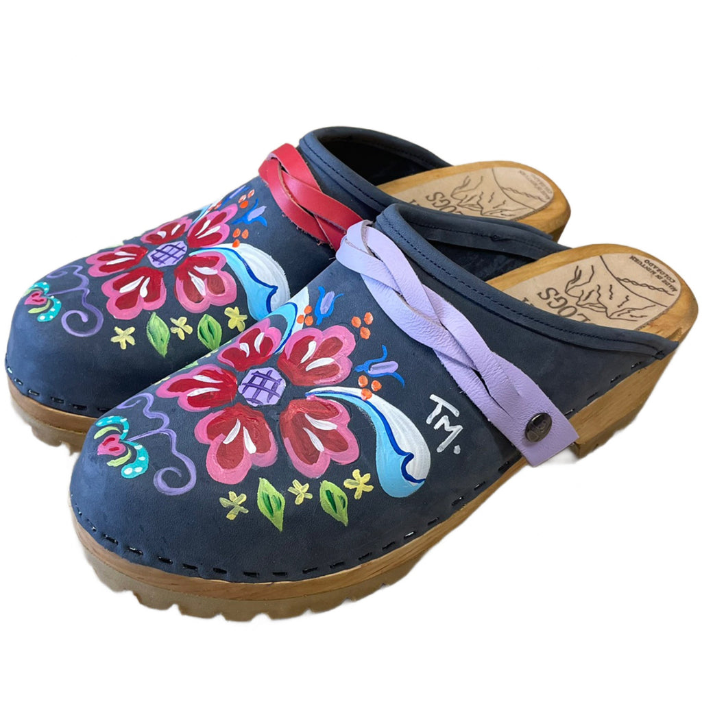 Hand painted Denim Petra Mountain Clogs with Braided Snap Straps