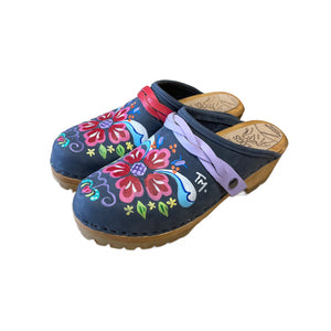 Hand painted Denim Petra Mountain Clogs with Braided Snap Straps