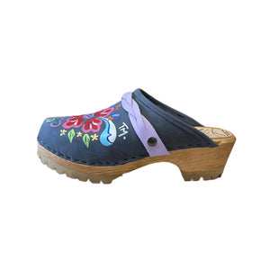 Hand painted Denim Petra Mountain Clogs with Lilac Braided Snap Straps