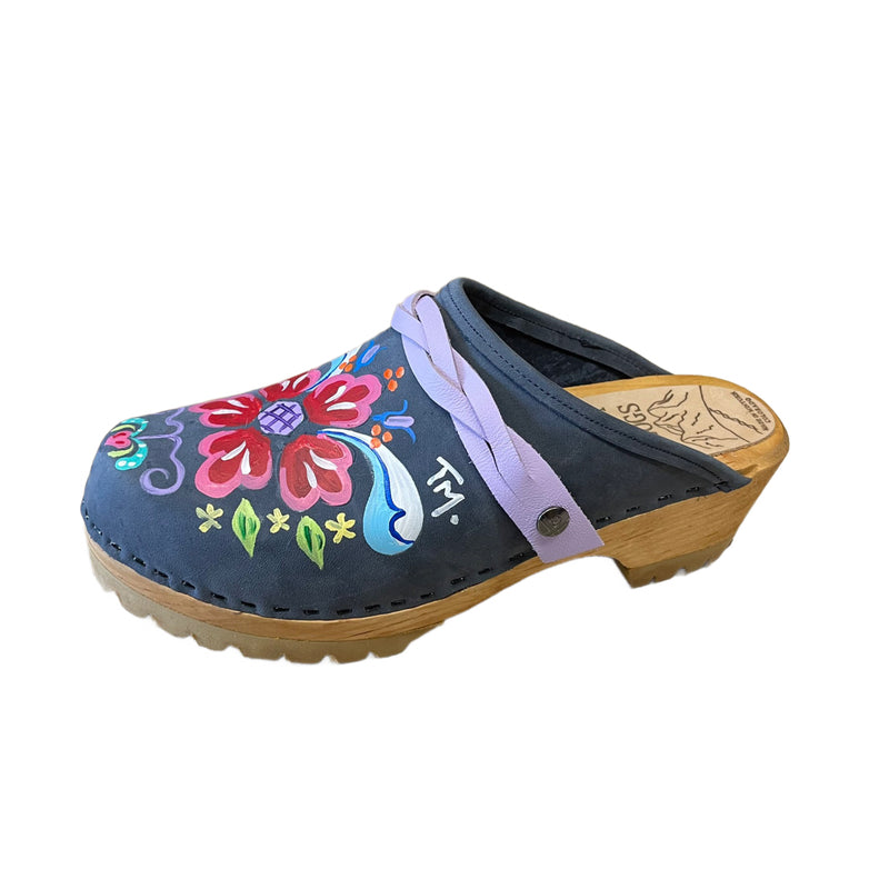 Hand painted Denim Petra Mountain Clogs with Lilac Braided Snap Straps