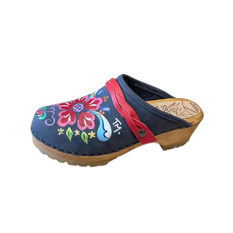Hand painted Denim Petra Mountain Clogs with Red Braided Snap Straps