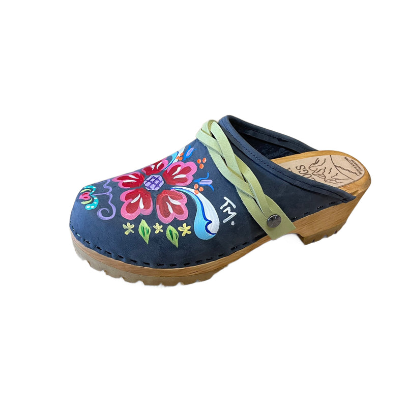 Hand painted Denim Petra Mountain Clogs with Lime Green Braided Snap Straps