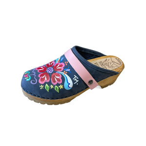 Handpainted Denim Petra Mountain Clogs with :ight pink Snap Straps