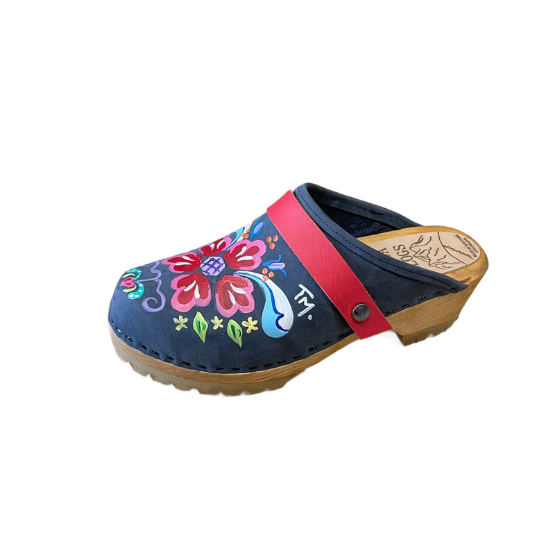 Handpainted Denim Petra Mountain Clogs with Red Snap Straps
