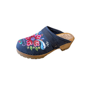 Handpainted Denim Petra Mountain Clogs with Denim Snap Straps