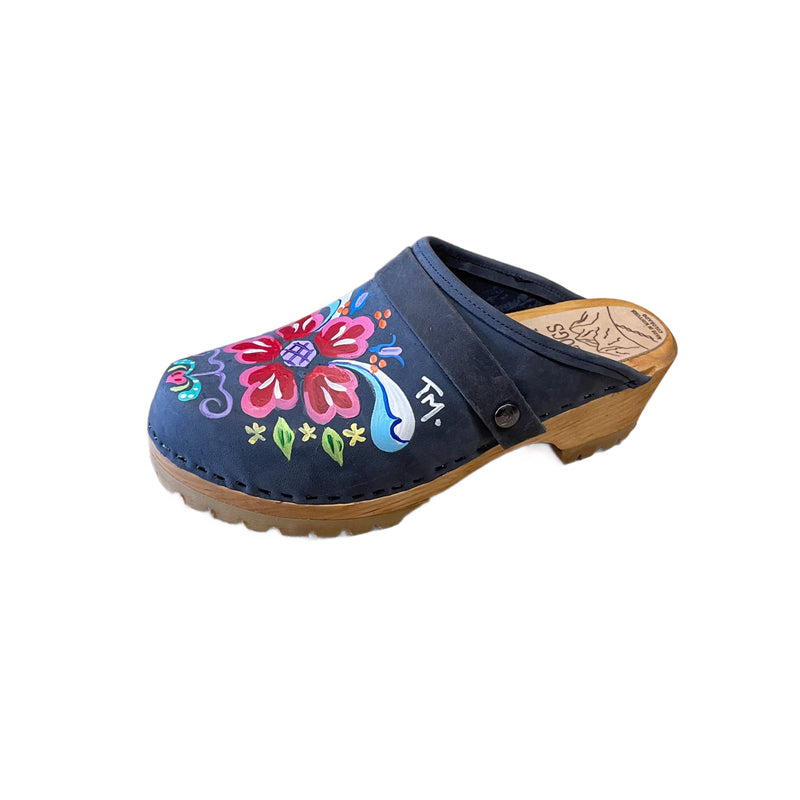 Handpainted Denim Petra Mountain Clogs with Denim Snap Straps