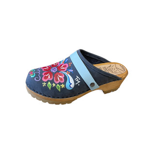 Handpainted Denim Petra Mountain Clogs with Light Blue Snap Straps