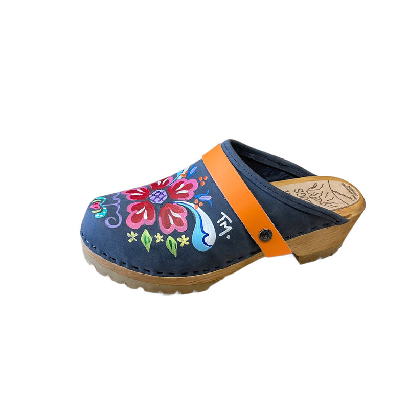 Handpainted Denim Petra Mountain Clogs with Orange Snap Straps