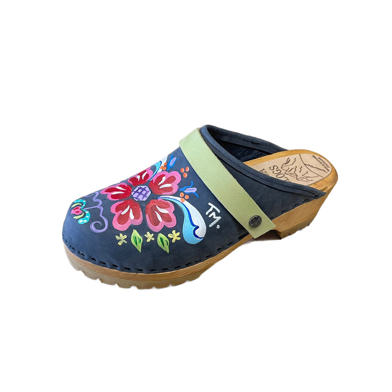 Handpainted Denim Petra Mountain Clogs with Lime Green Snap Straps