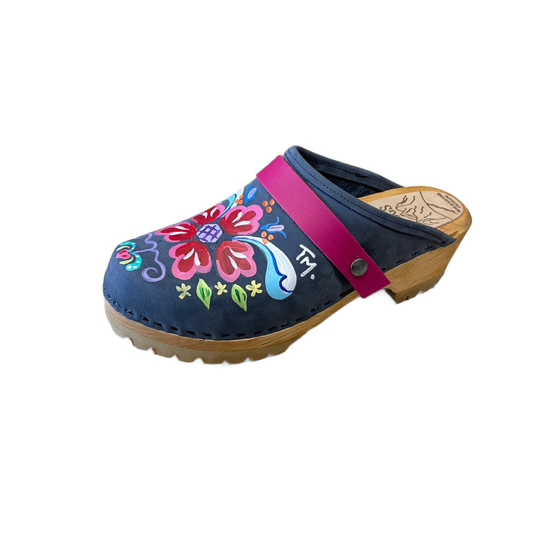 Handpainted Denim Petra Mountain Clogs with Fuchsia Snap Straps