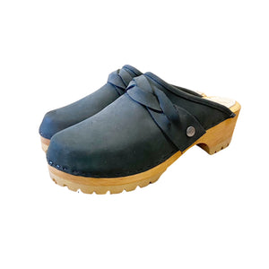 Black Leather Mountain Sole Clog with wide braided snap strap