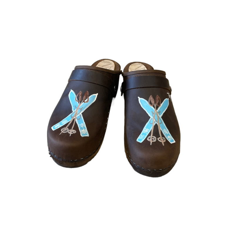 Mens Brown Oil Tanned Leather Clogs with hand painted Blue Skis