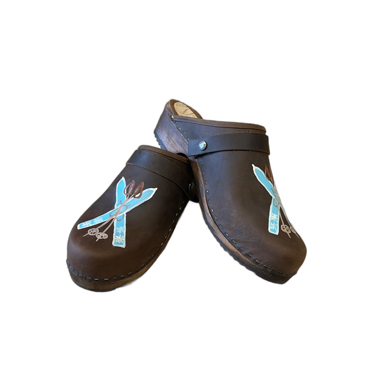 Mens Brown Oil Tanned Leather Clogs with hand painted Blue Skis