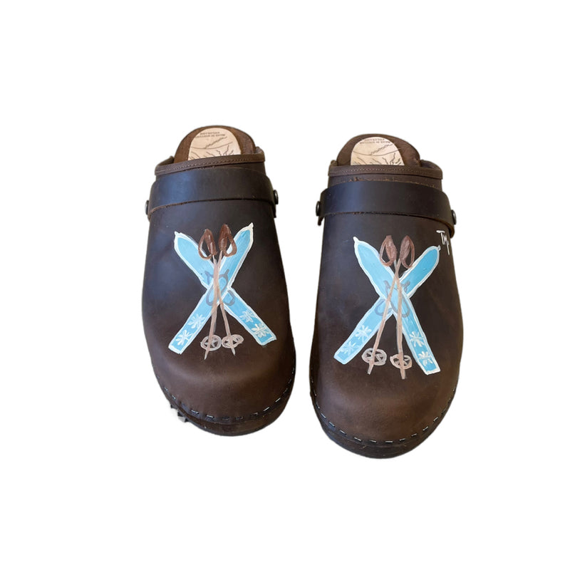 Mens Brown Oil Tanned Leather Clogs with hand painted Blue Skis