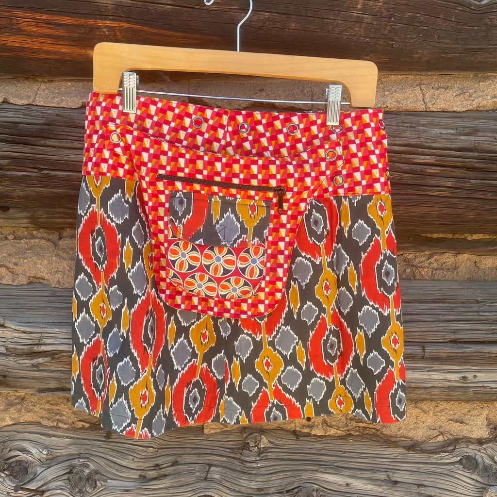 Asha Reversible Wrap Skirt Short - Red/Gray/Mustard