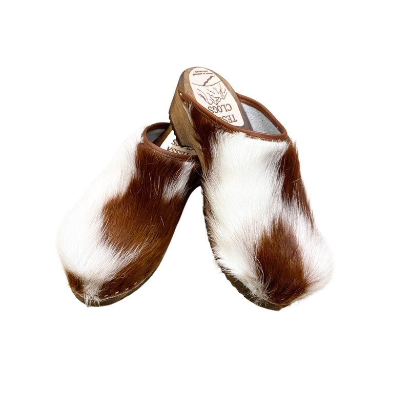 Brown and White Traditional Heel Cow Clogs size 41