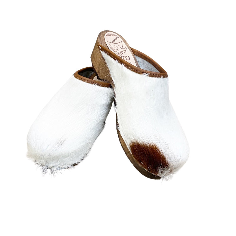 Brown and White Traditional Heel Cow Clogs size 39