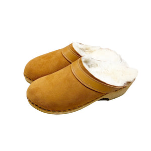 Traditional heel Fully Lined Saddle Tan Shearling Clogs