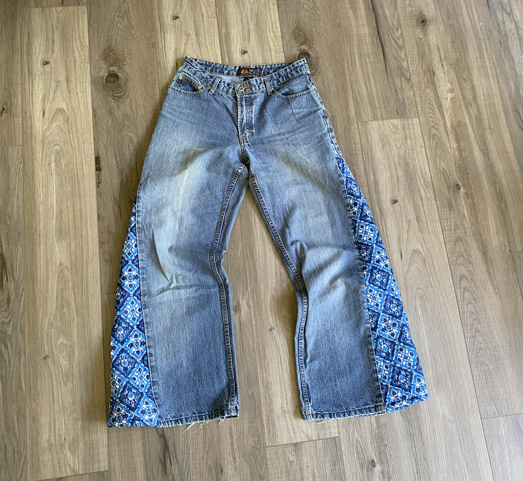 Tessa Upcycled Route 66 Quilt Wide Leg Jeans Size 27