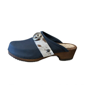Midnight Blue Traditional Heel Cow print Snap strap Clog