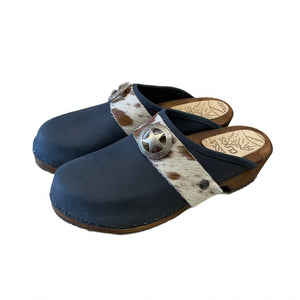 Midnight Blue Traditional Heel Cow print Snap strap Clog